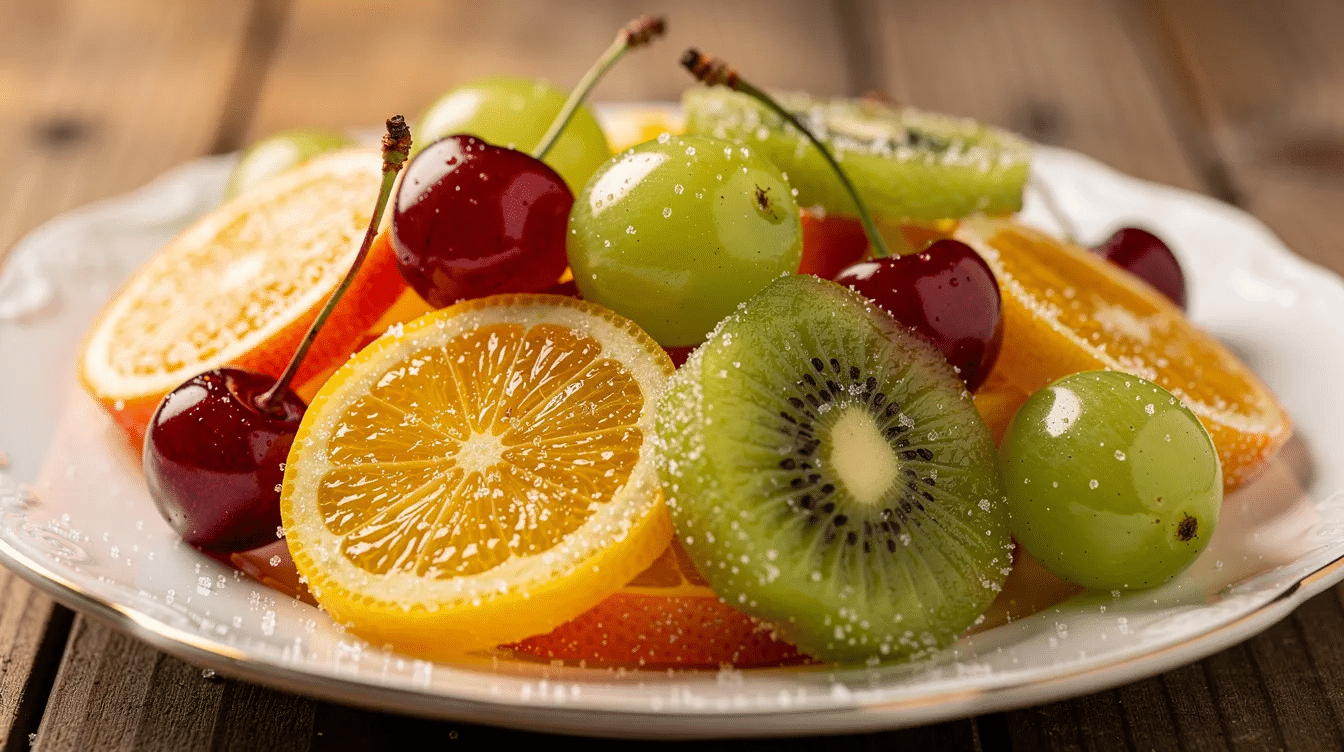 The image showcases an assortment of candied fruits, including vibrant red and green cherries, sweet orange peel, and chewy pineapple pieces, all glistening with a sugary glaze. This delicious mix, perfect for enhancing baked goods or enjoying as a healthy snack, highlights the rich flavors and textures of fresh fruits preserved in sugar syrup.