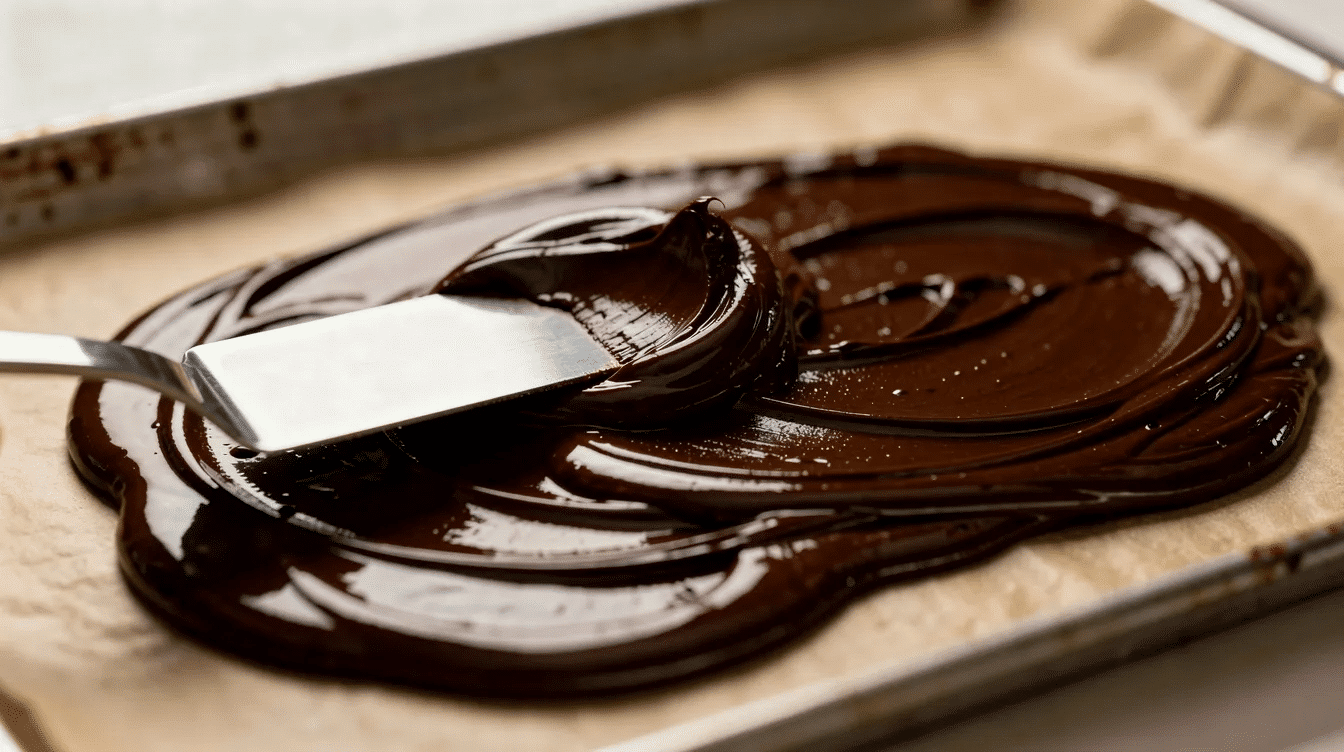 The image shows melted dark chocolate being spread with a spatula onto a parchment-lined baking tray, creating a smooth and even layer. This preparation is ideal for making a delicious chocolate almond bark recipe that is both vegan friendly and dairy free.