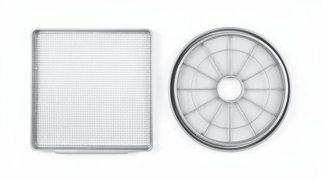September 14, 2026 | A top-down view showcases a square dehydrator tray alongside a round stackable tray featuring a center hole, highlighting the versatility of food dehydrators for preserving various foods. The image emphasizes the different shapes of trays that can be used for drying fruits, vegetables, and herbs, making it easier to store dehydrated food for long-term use.