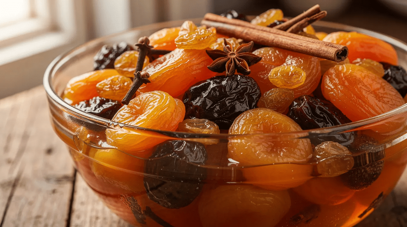 A glass bowl is filled with glistening stewed dried fruits, including dried apricots, golden raisins, and dried cranberries, all immersed in a rich amber syrup infused with cinnamon sticks and whole spices. This vibrant dried fruit compote is a delightful dessert, perfect for serving with yogurt or as a sweet breakfast topping.