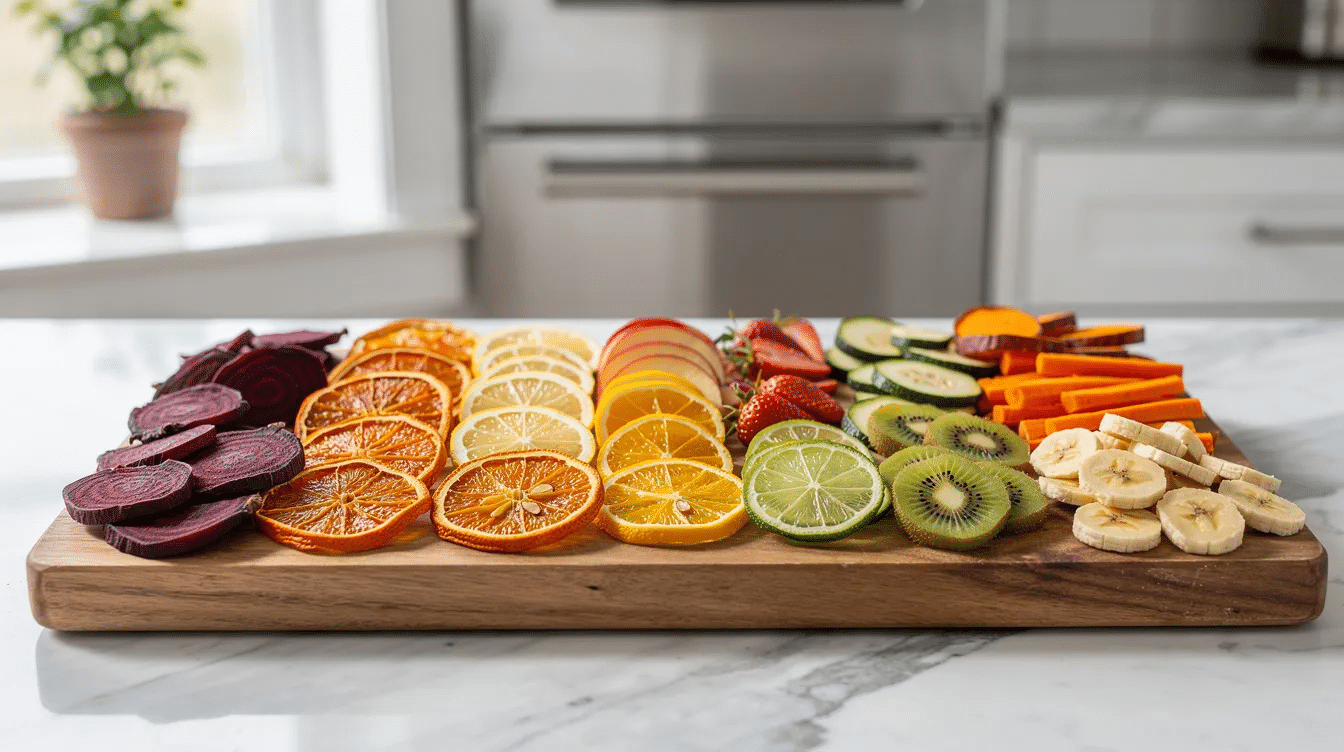 September 14, 2026 | An assortment of colorful dehydrated fruits and vegetables is beautifully arranged on a wooden cutting board, showcasing a variety of dried foods perfect for snacks or cooking. The modern kitchen setting highlights the appeal of food preservation using a dehydrator, emphasizing the vibrant colors and textures of the dehydrated ingredients.