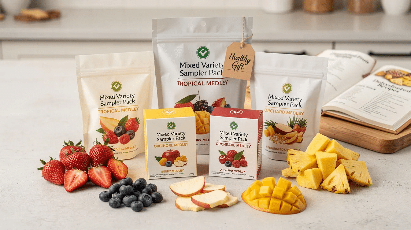 The image features a colorful assortment of freeze dried fruit sampler packs, including freeze dried blueberries, strawberries, mangos, apples, and pineapple, all neatly arranged in a convenient package. This great variety offers a deliciously crunchy snack option for the whole family, perfect for trail mix or as a healthy treat without added sugar.