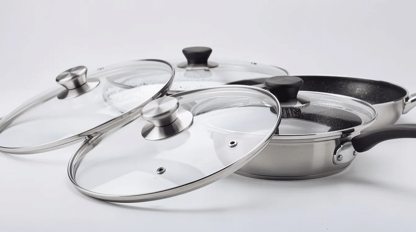 The image showcases a variety of glass lid systems, including reusable canning lids and conventional metal lids, arranged alongside glass canning jars. This setup highlights the essentials for home canning, emphasizing the importance of proper sealing for food preservation.
