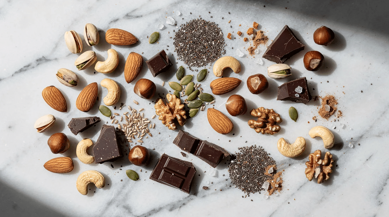 An assortment of nuts, seeds, and dark chocolate pieces is beautifully arranged on a smooth marble surface, showcasing a variety of textures and colors. This healthy mix highlights ingredients often found in keto friendly protein bars, making it an appealing option for those following a low carb diet.