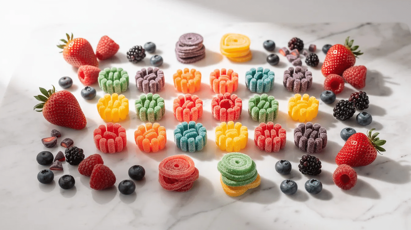 A vibrant assortment of homemade vegan fruit snacks, including gummy shapes in various colors, is beautifully arranged on a white marble surface, complemented by fresh berries scattered around. These gluten-free fruit-flavored snacks are a delicious and allergy-friendly treat, ideal for school lunches or a tasty addition to your daily diet.