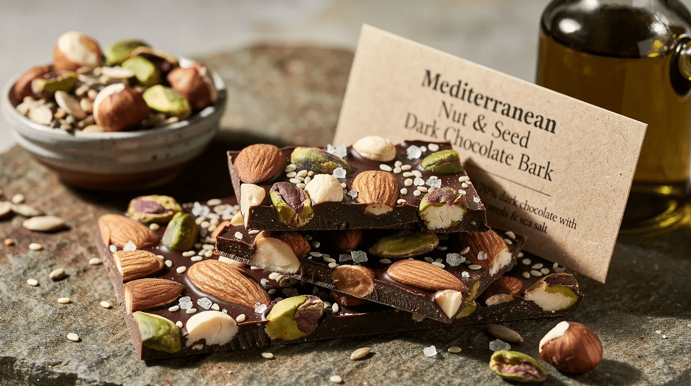 The image showcases a delicious Mediterranean Nut & Seed Dark Chocolate Bark, featuring a smooth layer of melted dark chocolate topped with a variety of nuts and seeds, including pumpkin seeds, sunflower seeds, and chia seeds. This healthy chocolate bark is arranged on a parchment lined baking sheet, making it a perfect sweet treat for those looking for nutritious snacks.