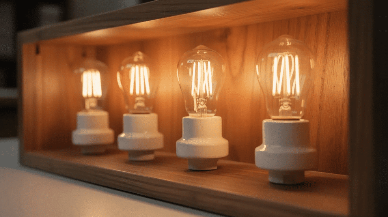 The image features incandescent light bulbs mounted in ceramic sockets within a wooden enclosure, designed as a DIY food dehydrator. This setup utilizes heated air to dehydrate food, with a focus on preserving items like apple slices and jerky.