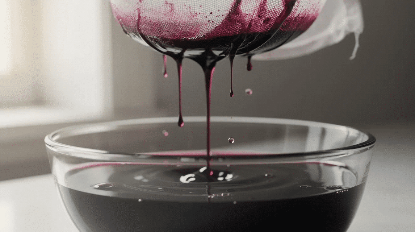 A stream of dark purple blackberry juice is dripping through dampened cheesecloth into a large glass bowl, capturing the essence of fresh blackberries. This process is essential for making homemade blackberry jelly, as the juice is separated from the pulp for a smooth, flavorful result.