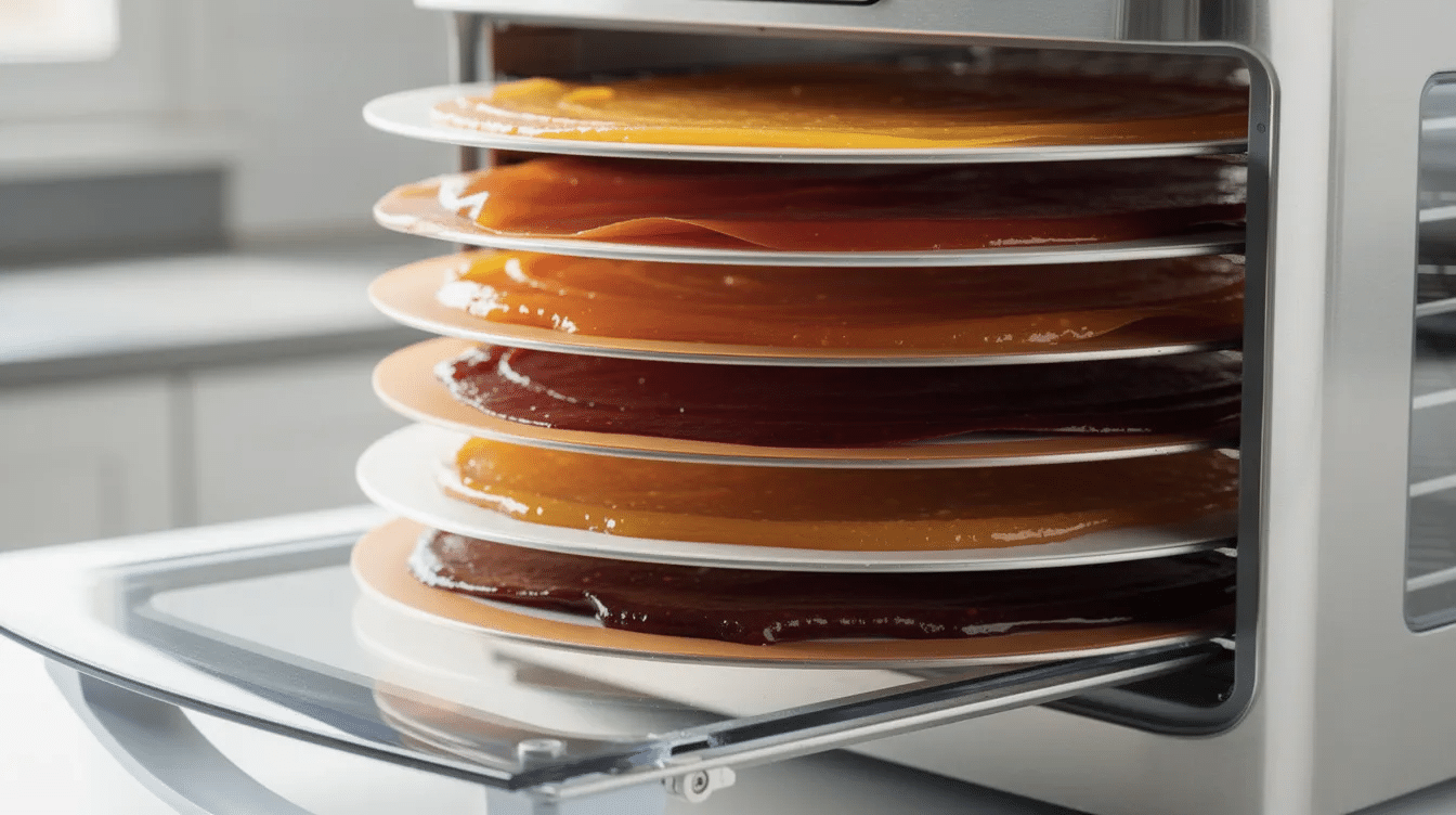 A close-up view of a food dehydrator featuring multiple trays filled with thin layers of liquid spread across silicone mats, illustrating the dehydrating process for creating fruit leather and other dehydrated foods. The image highlights the efficient air circulation and heating element used to dry the liquids into solid forms.