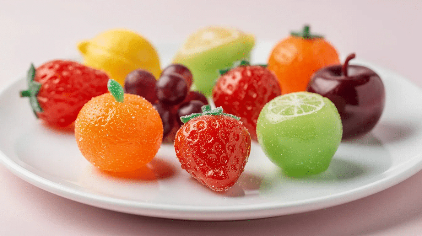 The image showcases an assortment of traditional candied fruit, including vibrant pineapple slices, juicy cherries, and sweet strawberries, all coated in a sugary syrup. These colorful fruit skewers, resembling nature's candy, are arranged neatly, making for a fun treat that is both delicious and visually appealing.