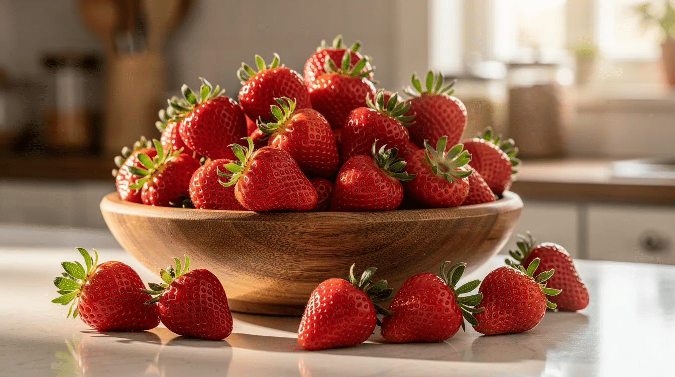 A rustic wooden bowl filled with fresh ripe strawberries sits on a kitchen counter, invitingly ready for making strawberry freezer jam or honey strawberry jam. The vibrant red berries highlight the essence of homemade jam, perfect for capturing the sweet flavor of in-season strawberries.