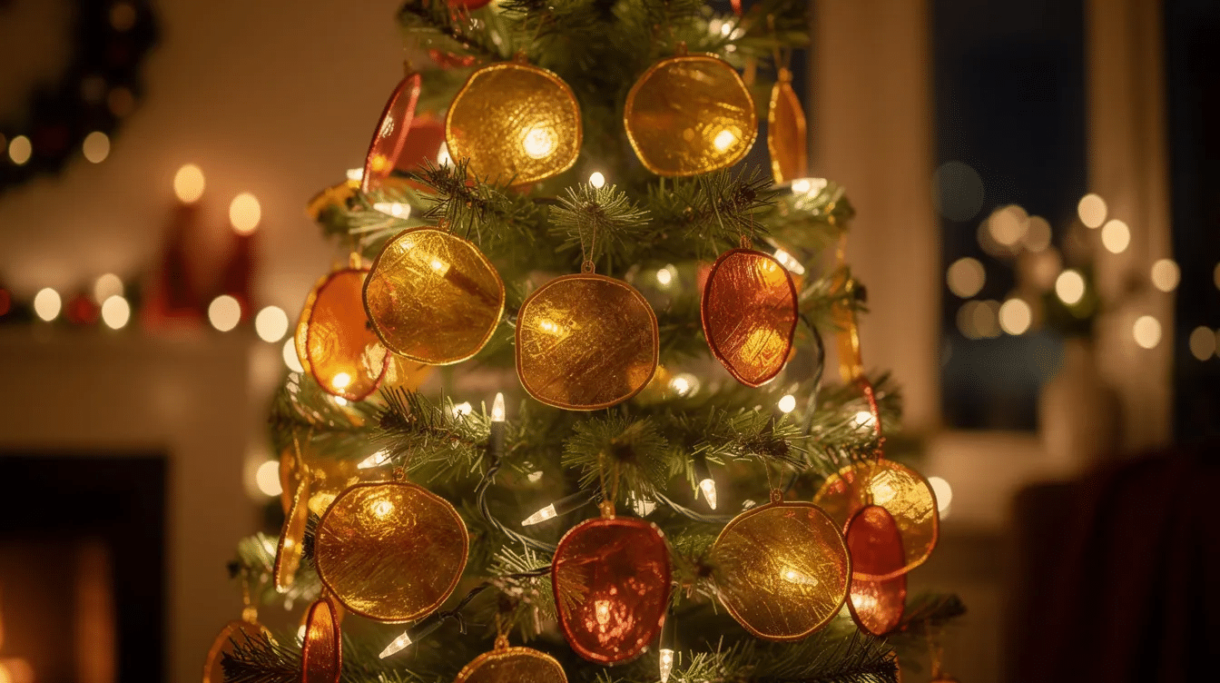 The image features a beautifully decorated Christmas tree adorned with dried fruit ornaments, including vibrant lemon, lime, and orange slices, along with cinnamon sticks and pine cones. The backlighting enhances the stained-glass effect of the citrus slices, creating a warm and inviting glow that captures the essence of the holiday season.