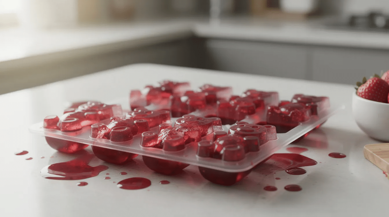 The image shows silicone gummy bear molds filled with a vibrant red fruit mixture on a kitchen counter, ready to be transformed into homemade gummy bears. This healthy gummy candy is made from real fruit juice, offering a delicious and nutritious treat.