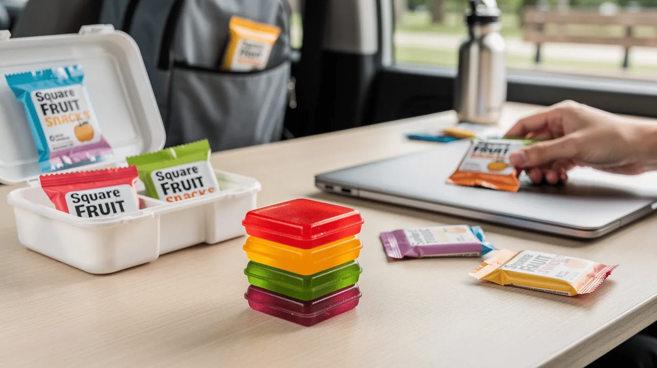 The image features a selection of colorful square fruit snacks neatly arranged in convenient single-serving packages, perfect for on-the-go snacking. These treats are ideal for lunch boxes, work breaks, and travel, reminiscent of popular options like Lunchables, offering a mess-free and tasty snack for busy lifestyles.