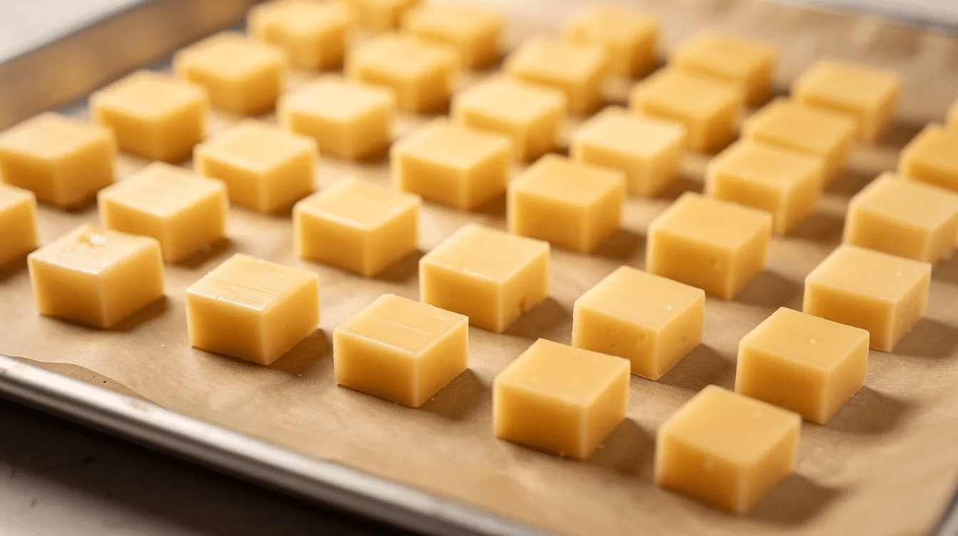 The image features small cheese cubes neatly arranged in rows on a parchment-lined baking sheet, ready for the drying process in the oven. This method is ideal for dehydrating cheese, allowing for long-term storage and creating delicious powdered cheese for various culinary uses.