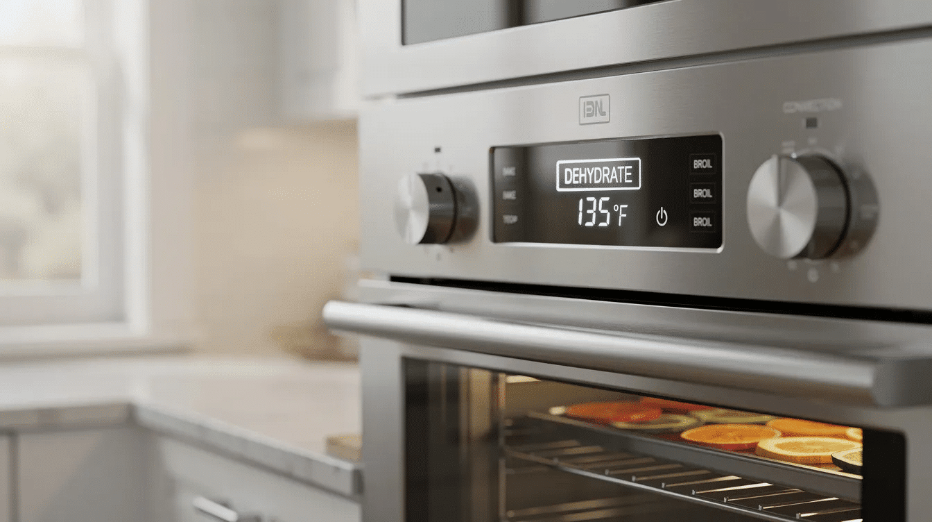 The image shows a Samsung oven with the door slightly open, revealing oven racks lined with baking sheets and parchment paper, where various fruits like apples and oranges are being dehydrated. This setup utilizes the dehydrate oven setting to remove excess moisture, preserving the food and enhancing its shelf life.