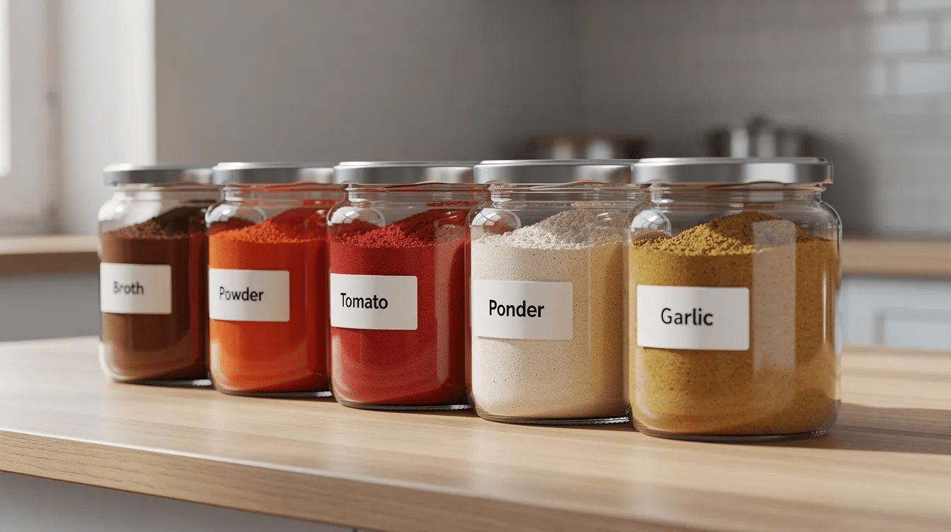 The image shows several glass jars filled with colorful dehydrated powders, including a rich brown broth powder and vibrant red tomato powder. These dehydrated foods, perfect for enhancing flavors in soups and stews, are neatly organized, showcasing the efficiency of the food dehydrator process.