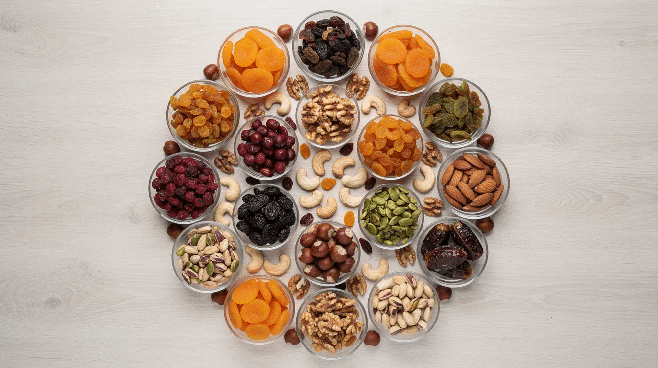 A vibrant assortment of dried fruits, including dried figs, apricots, and cranberries, along with nuts like almonds and walnuts, is beautifully arranged in small glass bowls forming a circular pattern. This colorful display not only highlights the natural sweetness of these nutrient-dense snacks but also emphasizes their incredible health benefits, such as supporting heart and brain health, promoting healthy digestion, and providing essential nutrients for overall well-being.