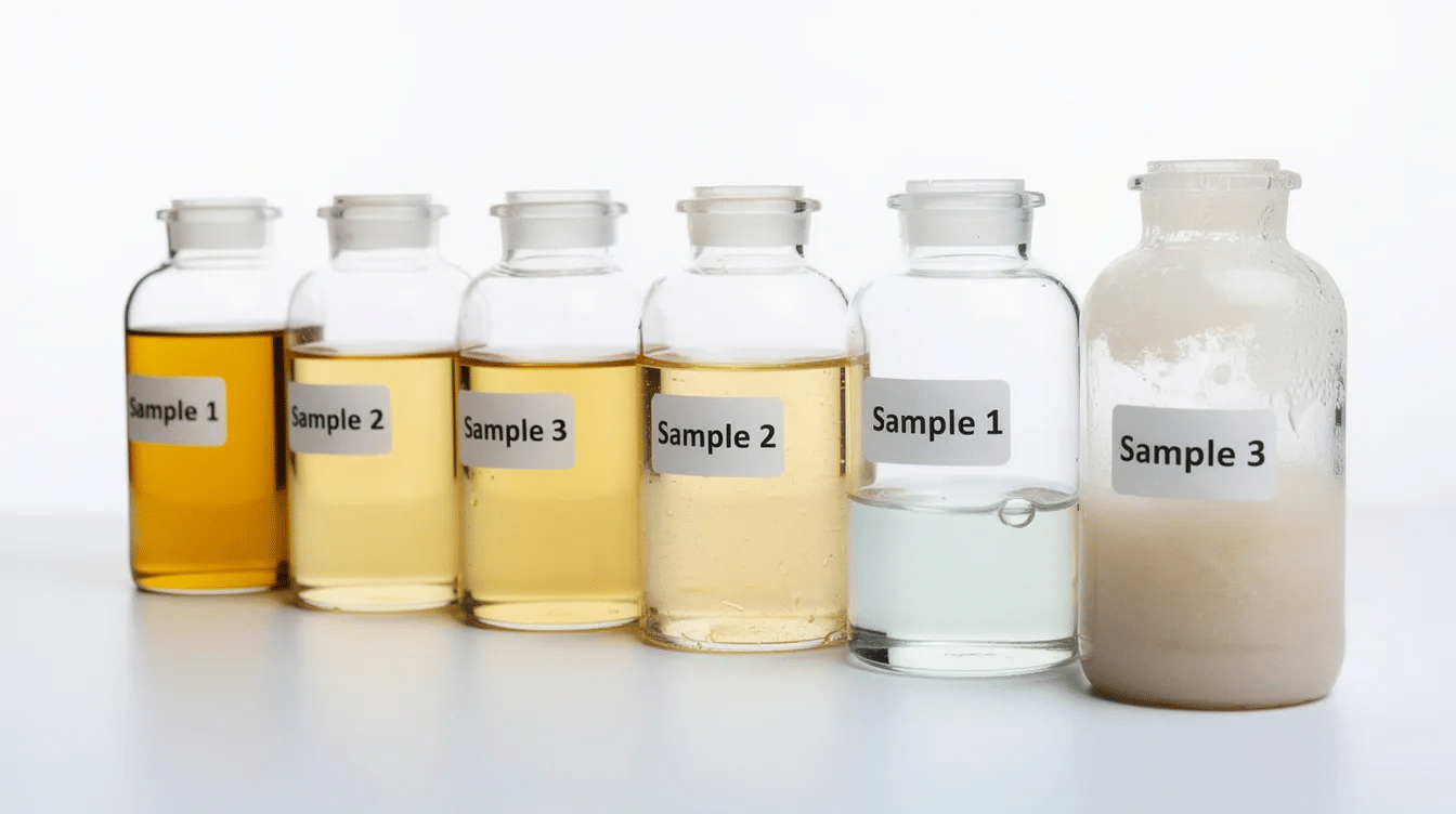 The image features clear glass sample bottles filled with oil samples, each displaying varying levels of water contamination, highlighting the presence of dissolved water and free water in the oils. This visual representation serves as a practical tool for understanding the effects of moisture on oil quality and food preservation processes.