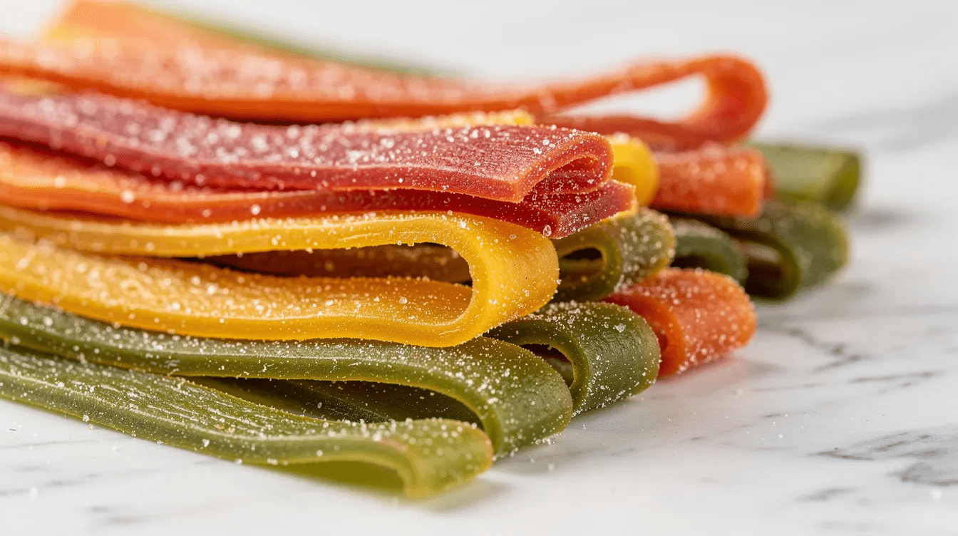 The image features a colorful assortment of fruit strips, showcasing various flavors such as strawberry, mango, and mixed berry. These healthy fruit snacks are packaged in a variety pack, appealing to kids and adults alike with their delicious taste and chewy texture.