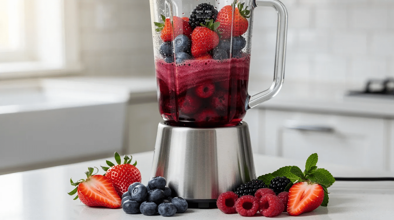 A kitchen blender is filled with fresh berries, including strawberries, blueberries, and raspberries, being blended into a smooth mixture, while pieces of various fruits like bananas and peaches are scattered nearby. This scene captures the essence of making homemade fruit snacks, emphasizing the use of real fruit and natural flavors.