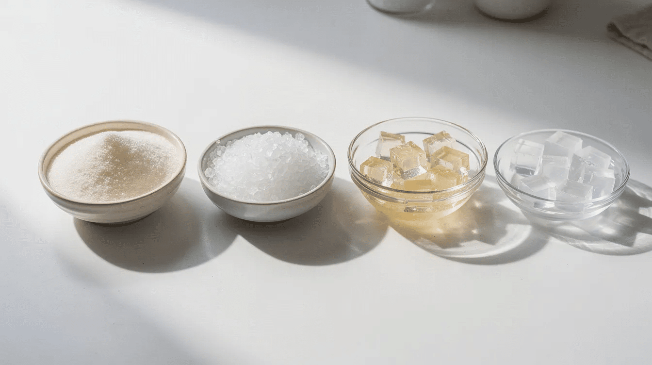 The image features various gelling agents, including gelatin powder and agar flakes, arranged in small bowls. This setup is ideal for making homemade fruit snacks or fruit gummies, showcasing the ingredients needed for a delicious fruit gummy recipe.