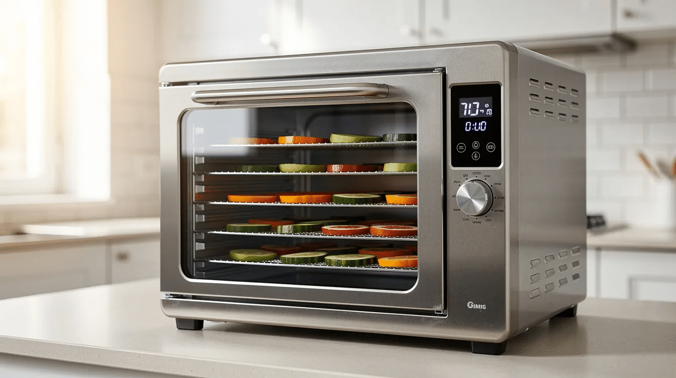 The image features a modern kitchen with a stainless steel food dehydrator prominently displayed, showcasing multiple stainless steel trays and a glass door. This household food dehydrator is designed for drying various delicious foods such as fruits, vegetables, and beef jerky, and includes features like temperature control and a drip tray for easy cleanup.