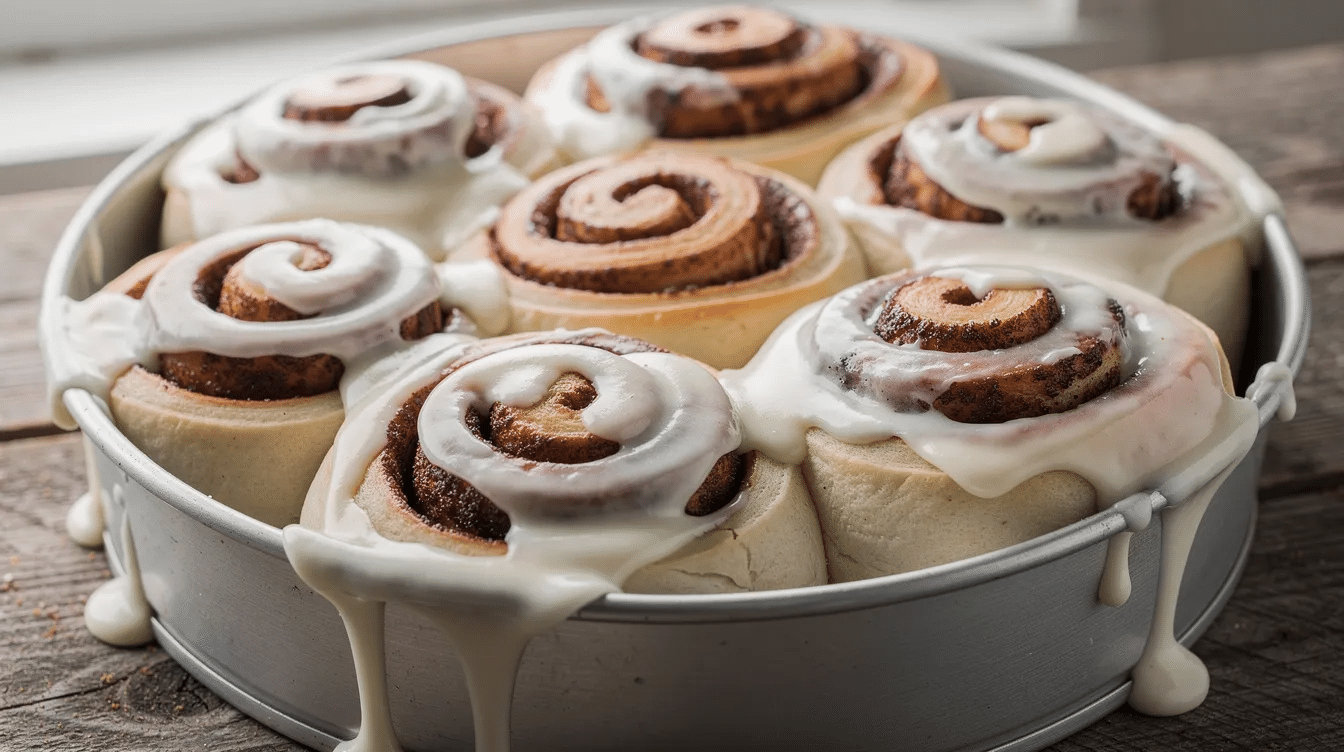 The image shows warm, fluffy cinnamon rolls nestled in a round baking pan, topped with glossy white frosting that drips enticingly down the sides. These delicious treats, perfect for a dessert table, exude a sweet aroma reminiscent of old-timey holiday confections, making them a delightful addition to any festive gathering.