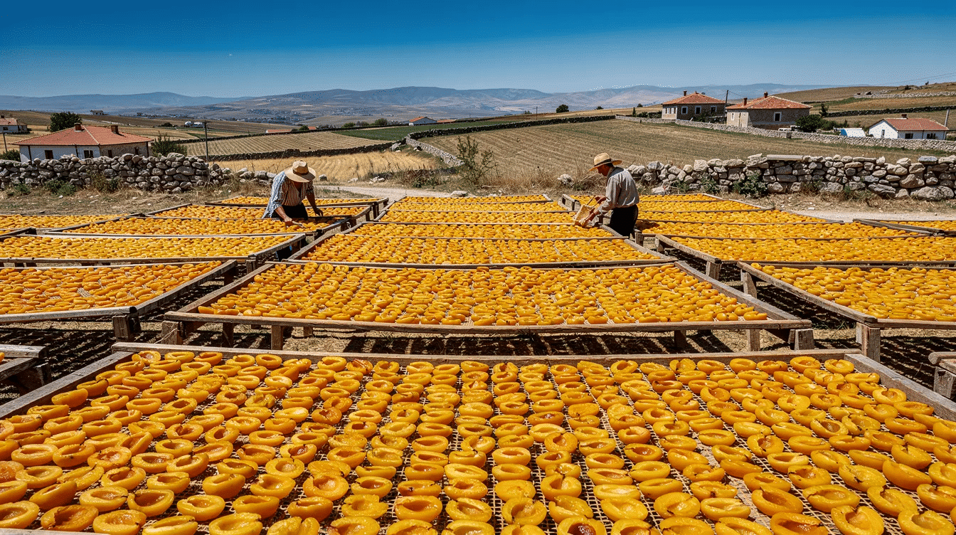 The image depicts traditional sun-drying of golden fruits, including Turkish apricots and figs, spread across wooden racks under bright sunshine in a picturesque rural landscape of Turkey. This method highlights the natural process of producing nutritious dried fruits, which are popular healthy snacks rich in vitamins and antioxidants.