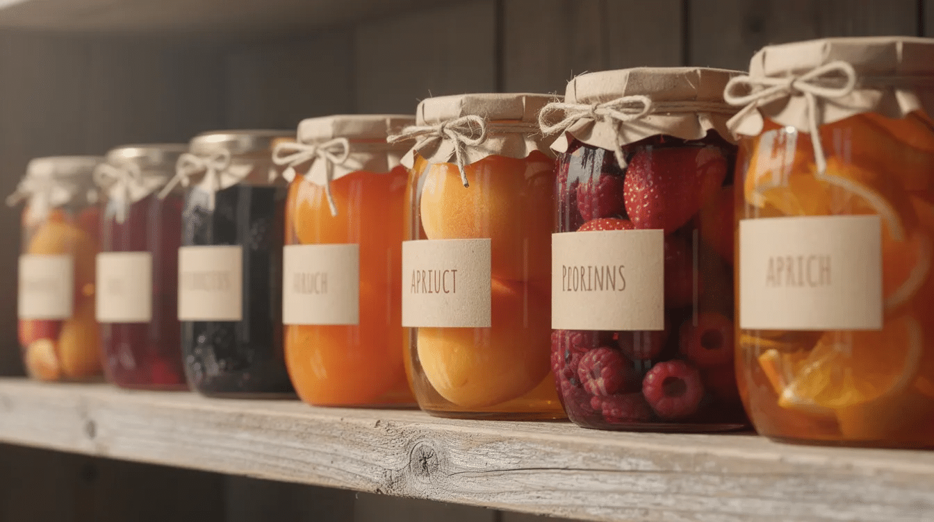 The image features a collection of glass canning jars filled with vibrant, colorful fruit jams, neatly arranged on a rustic wooden shelf, showcasing a variety of flavors made from different fruits. Each jar represents the art of home canning, preserving the unique flavors of fruits in small batches for enjoyment.