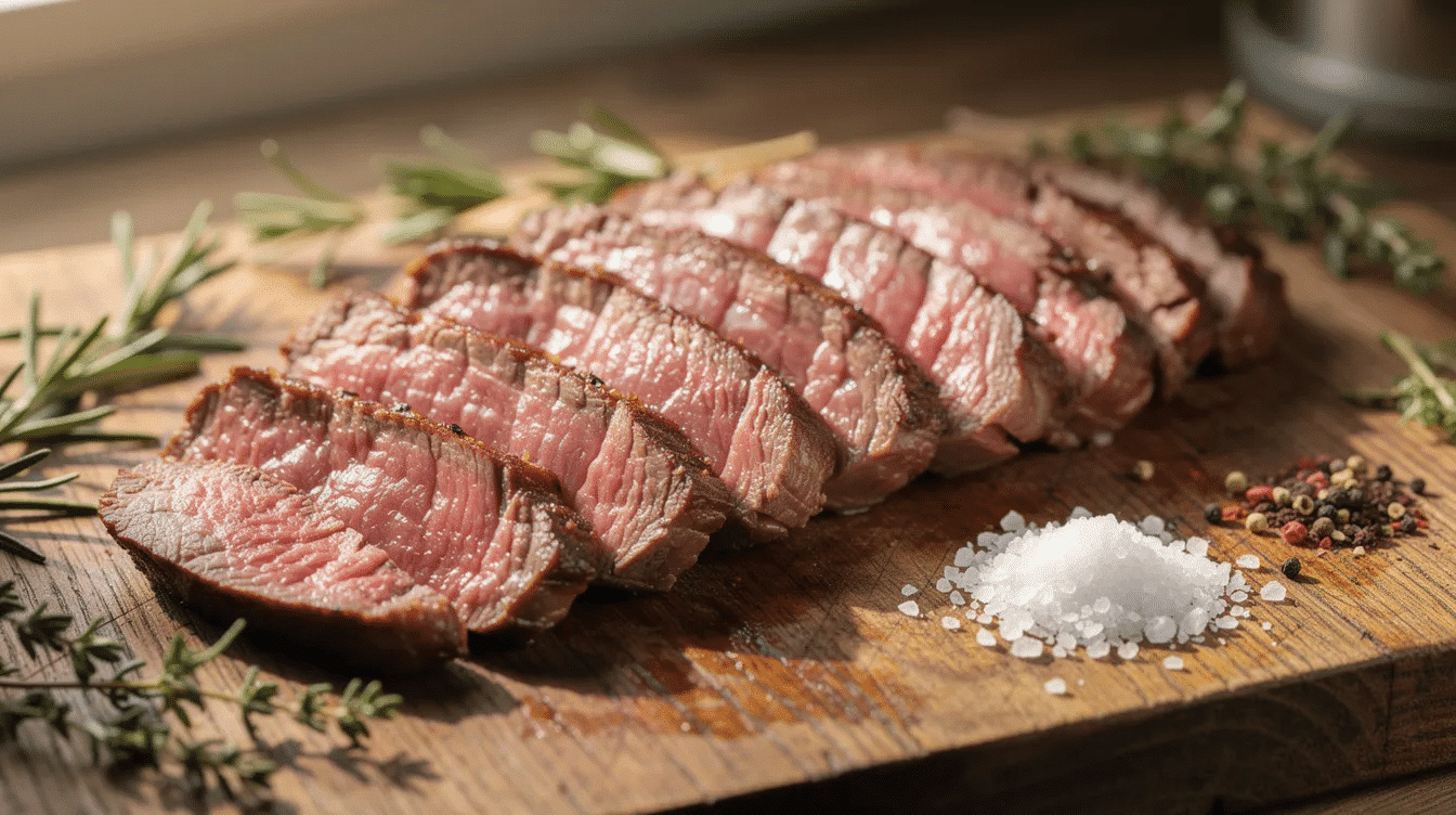 The image features sliced grass-fed beef arranged neatly on a rustic wooden cutting board, accompanied by a sprinkle of fresh herbs, highlighting a wholesome and protein-rich meal option. This presentation evokes a sense of healthy eating, ideal for those following a low carb or keto diet.