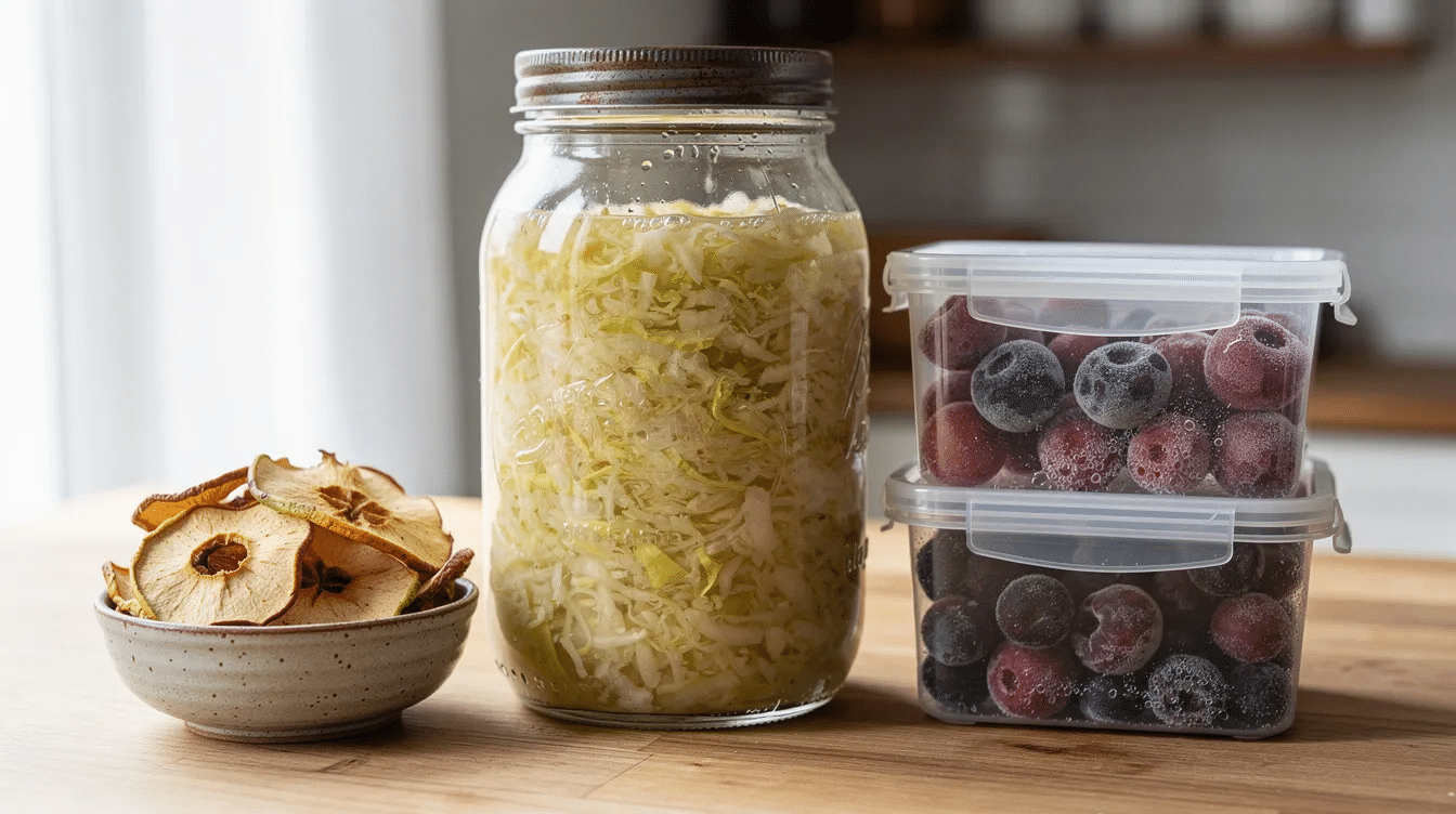 The image features a variety of preserved foods, including a jar of fermented sauerkraut, containers filled with dried apple slices, and frozen berries, all showcasing different methods of home food preservation such as water bath canning and freezing. The items are neatly arranged, highlighting the colorful and diverse nature of homemade preserves.