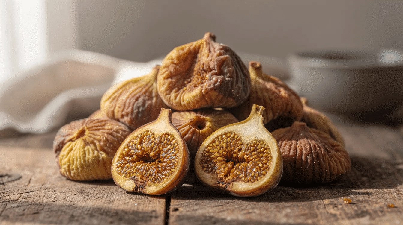 The image showcases a selection of plump Turkish dried figs, known for their sweet flavor and chewy texture, arranged beautifully on a wooden surface. These nutritious dried fruits are an excellent source of fiber, vitamins, and antioxidants, making them a delicious and healthy snack option.