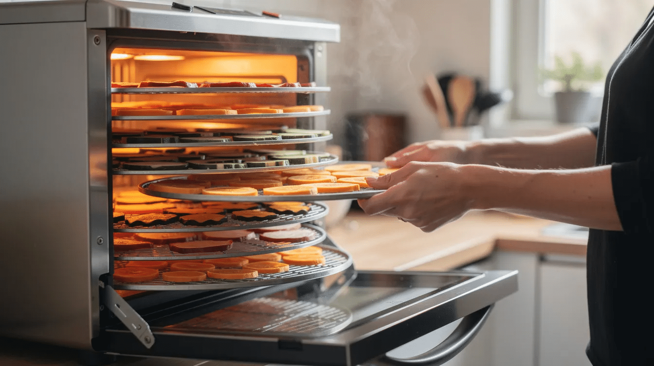 September 15, 2026 | A person is opening a stacked dehydrator, carefully rotating the trays during the dehydration process to ensure even drying of fruits and vegetables. The trays are lined with non-stick sheets to prevent food from sticking, making it easier to remove dehydrated food once completely dry.