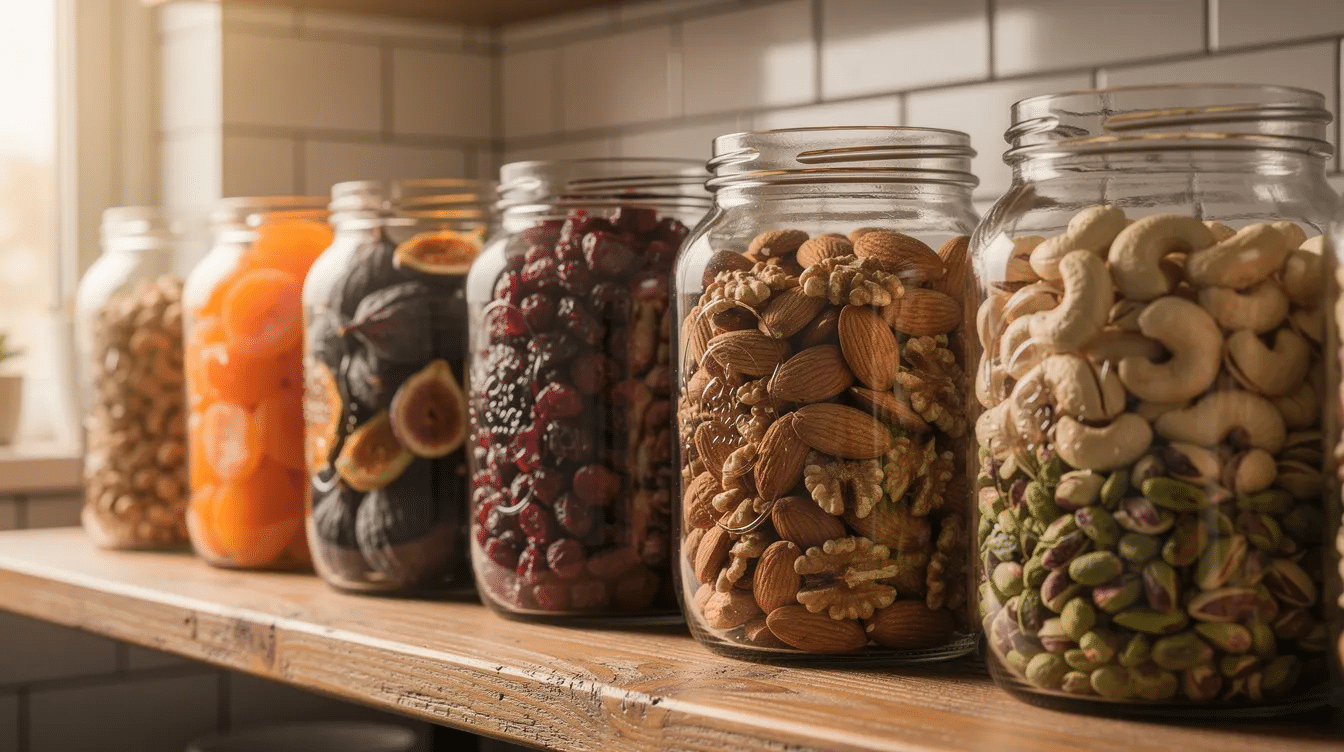 The image shows a collection of glass jars filled with an assortment of premium dry fruits and nuts, including almonds, dried figs, and sunflower seeds, neatly arranged on a kitchen shelf. These nutrient-dense snacks, known for their health benefits, are perfect for promoting a healthy lifestyle and can be enjoyed raw for their naturally sweet taste.