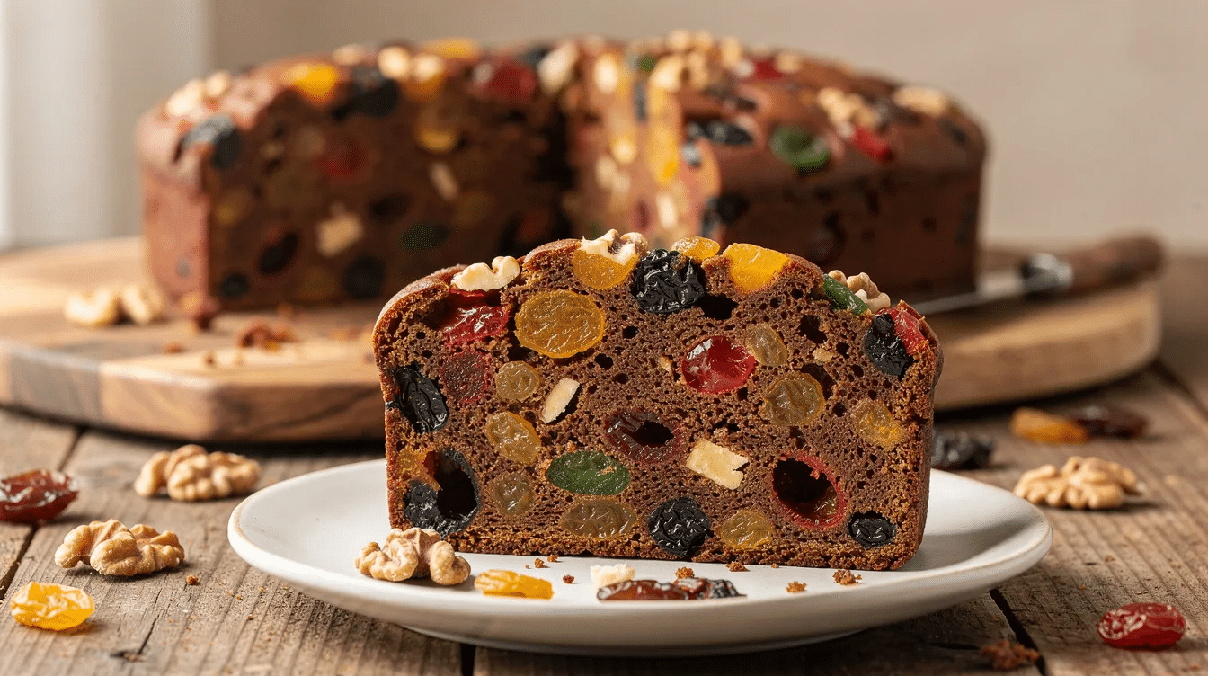The image features a beautifully arranged dried fruit fruitcake, showcasing a rich mix of candied fruit, golden raisins, and dried apricots, all set atop a wooden table. The moist fruit cake is garnished with a light dusting of powdered sugar, creating an inviting appearance perfect for the holiday season.