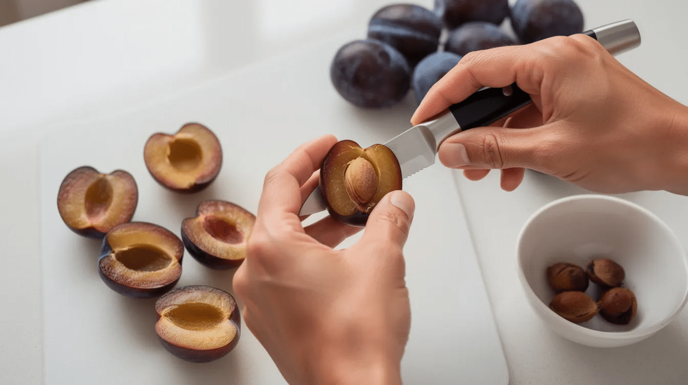 A pair of hands skillfully uses a paring knife to pit halved Italian prune plums on a clean kitchen counter, preparing them for drying or cooking. The fresh plums are vibrant in color, showcasing their deliciousness and potential as homemade prunes or dried fruit.