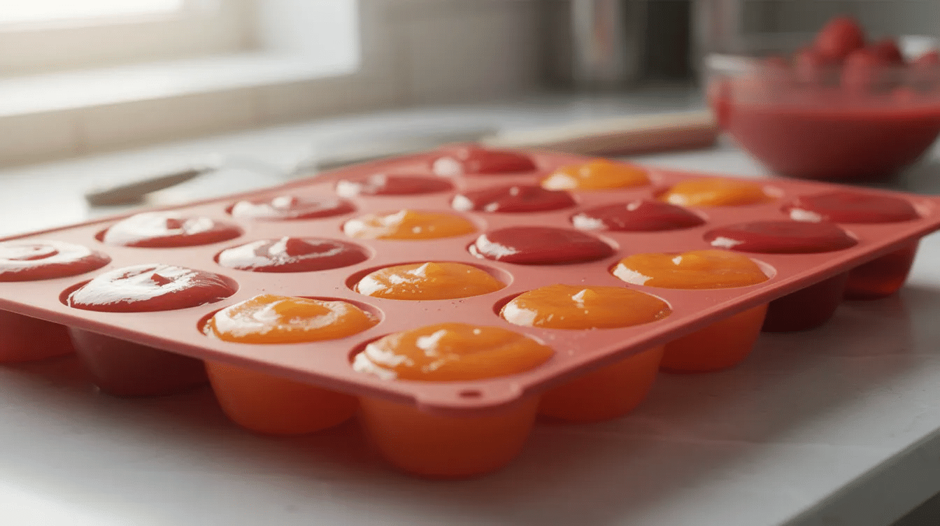 The image shows silicone gummy molds filled with a vibrant red and orange fruit mixture, resting on a kitchen counter. This homemade vegan fruit snack mixture likely includes real fruit juice and is prepared without gelatin, making it a delicious and allergy-friendly treat.