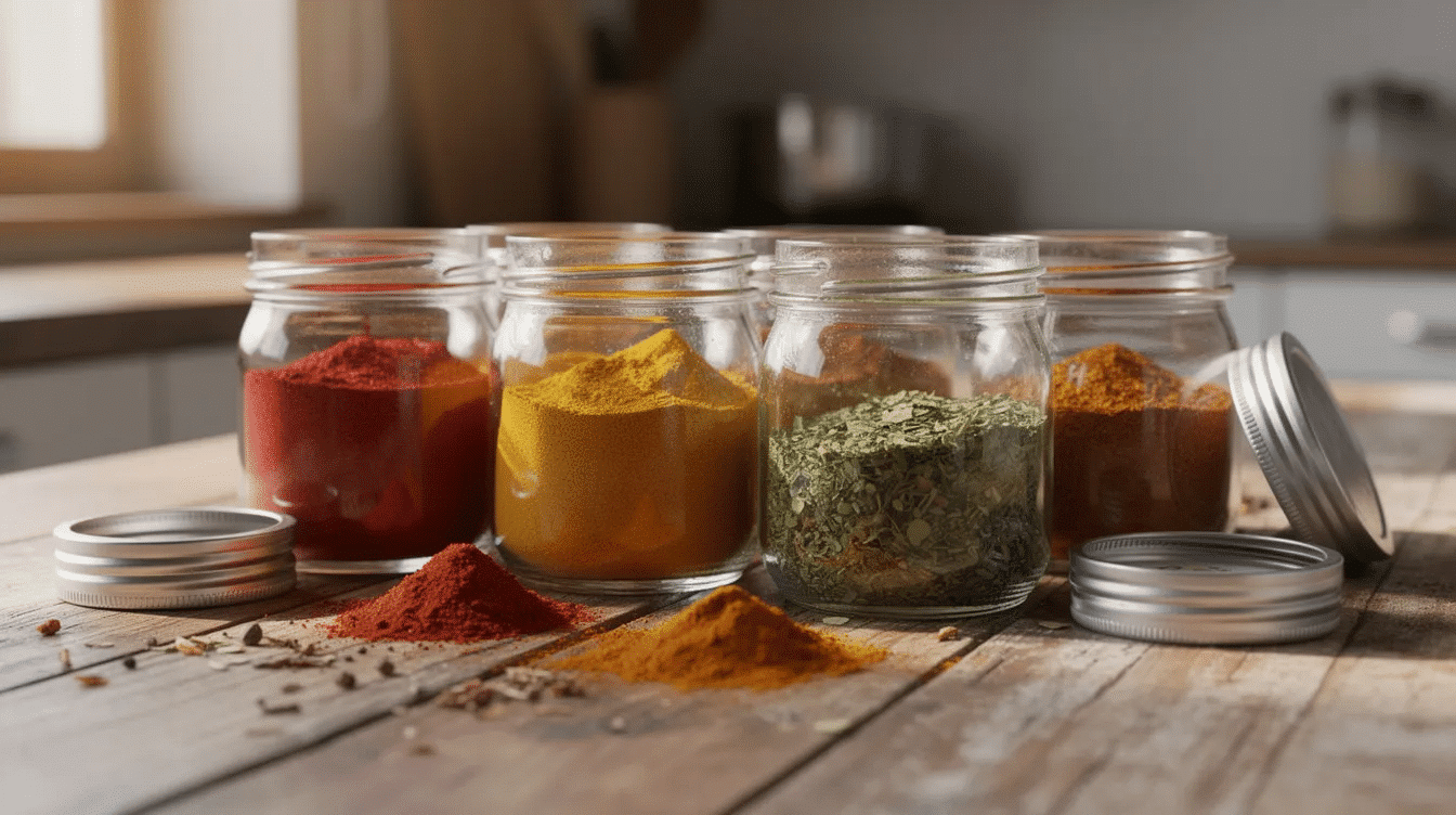 The image features small glass jars filled with vibrant homemade spice powders and seasoning blends, including onion powder, garlic powder, and dried herbs like basil and oregano. These colorful jars showcase the creativity of preserving food and enhancing flavor with home-dried spices, perfect for adding a personal touch to recipes.