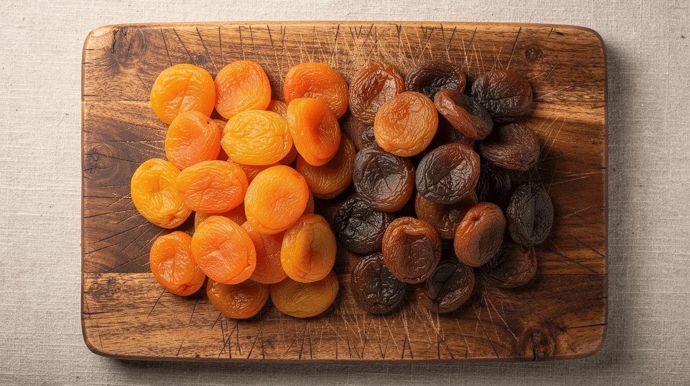 A rustic wooden cutting board displays a vibrant arrangement of bright orange dried apricots alongside rich dark brown dried apricots, showcasing the delicious and nutritious qualities of Turkish dried fruits. This healthy snack option is not only sweet but also packed with vitamins and antioxidants, making it a perfect choice for those with a sweet tooth.
