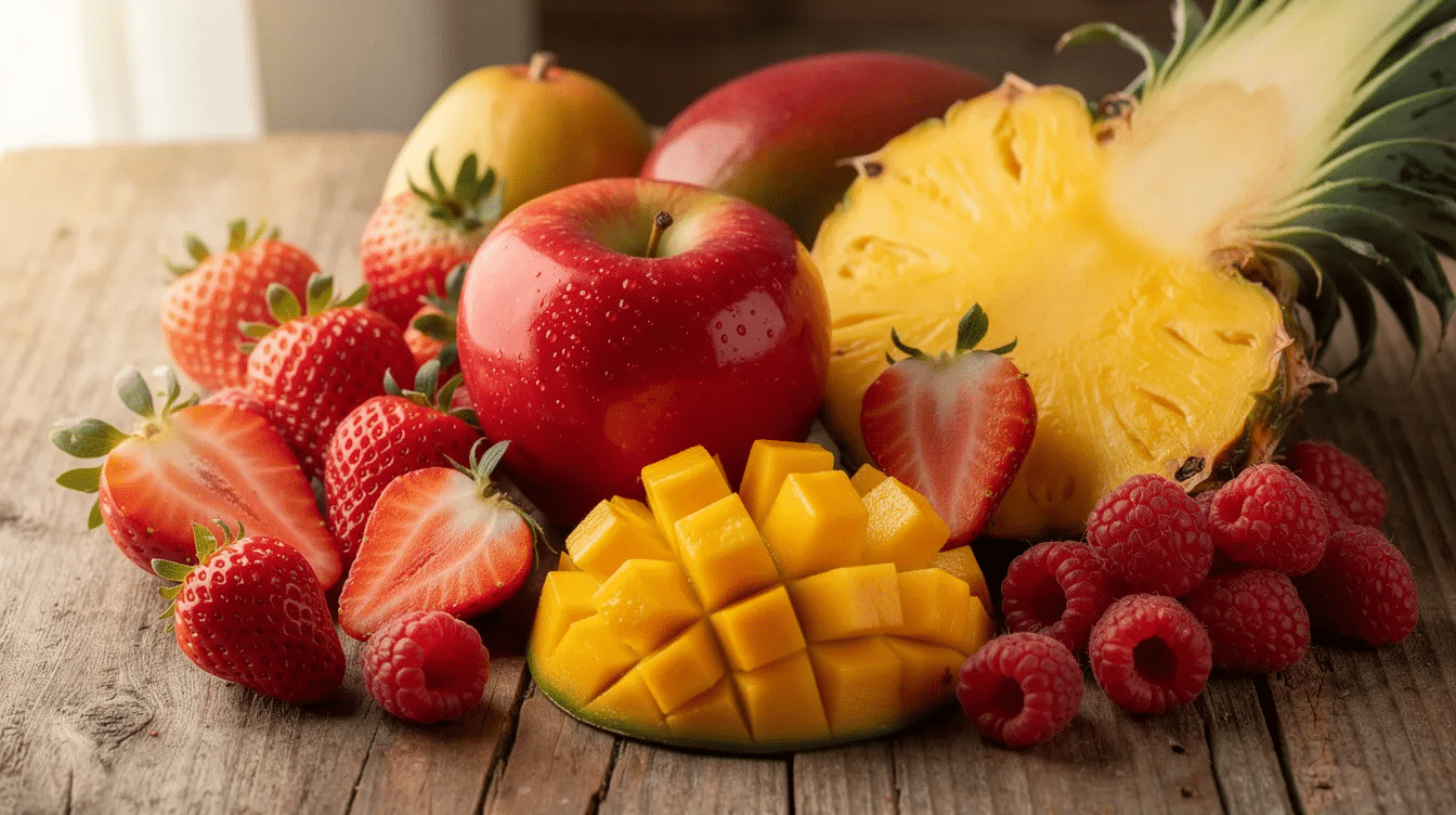 A vibrant display of fresh fruits including apples, strawberries, mango, pineapple, and raspberries is arranged beautifully, showcasing a variety of colors and textures. This assortment highlights the appeal of healthy fruit snacks, perfect for those seeking delicious and nutritious options.
