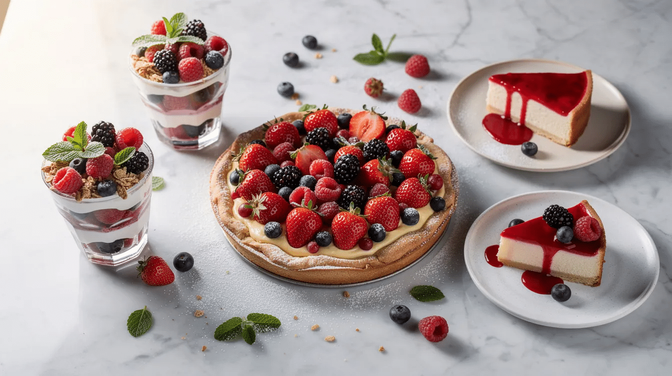 The image showcases an array of fresh berry desserts, including a moist carrot cake topped with cream cheese frosting and a vibrant lemon meringue pie adorned with sweet strawberries and whipped cream. These delightful spring desserts are perfect for special occasions like baby showers and Mother's Day, featuring bright colors and delicious flavors that celebrate the season.