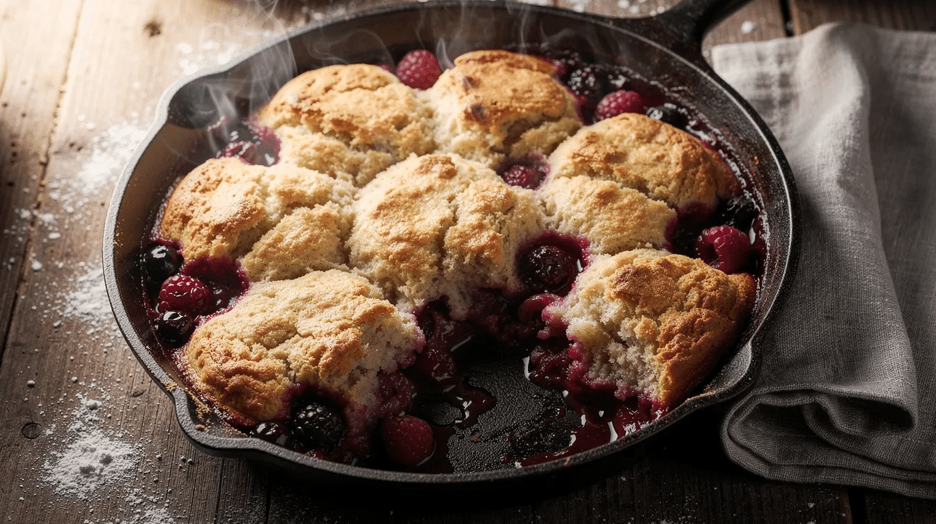 An overhead view of a bubbling mixed berry cobbler fresh from the oven showcases a golden brown crust with visible berry juices oozing at the edges. The warm cobbler is ready to be served, possibly with a scoop of vanilla ice cream or a dollop of fresh whipped cream on top.