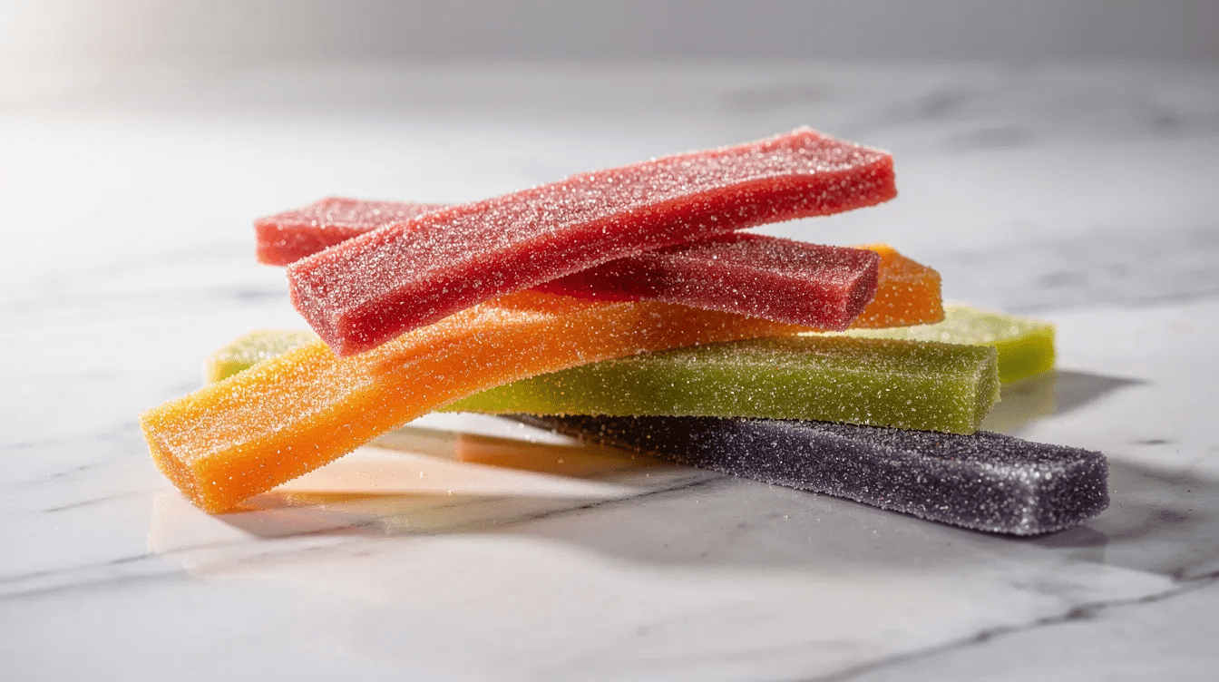 The image features a colorful assortment of fruit strips, showcasing various flavors such as strawberry, mango, and mixed berry. These healthy fruit snacks are packaged in a variety pack, appealing to kids and adults alike with their delicious taste and chewy texture.