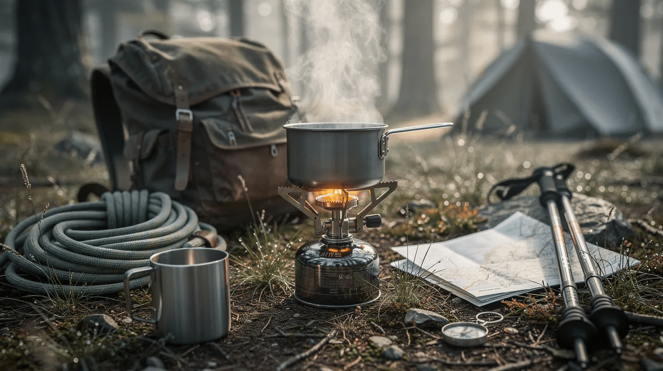 The image shows a camping stove with a small pot on top, emitting steam, surrounded by various outdoor gear. This setup is ideal for preparing dehydrated meals, such as chicken pesto pasta or beef stroganoff, perfect for backpacking trips and enjoying delicious camping food in the great outdoors.