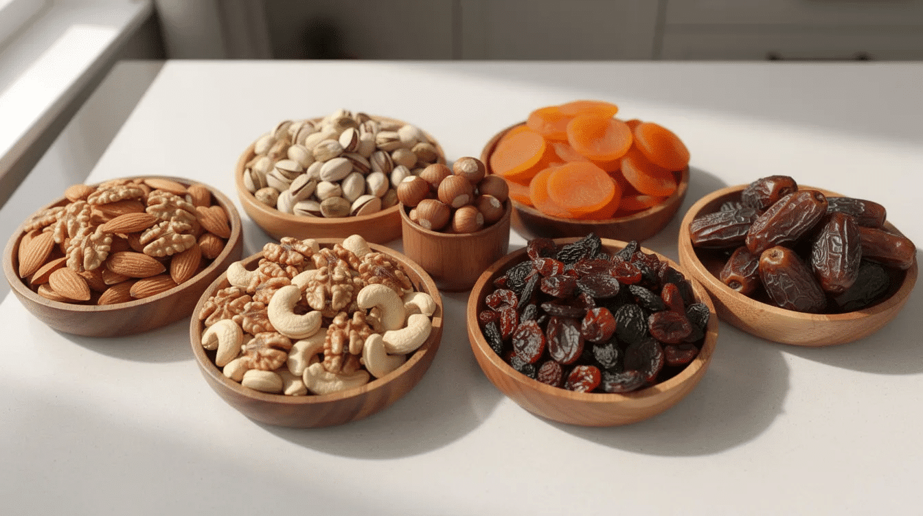 The image features an assortment of nuts and dried fruits beautifully arranged in small wooden bowls on a kitchen counter, showcasing a healthy snack option. The vibrant colors of the dried fruits and the various textures of the nuts create an inviting display perfect for incorporating into homemade granola or enjoying as a nutritious breakfast.
