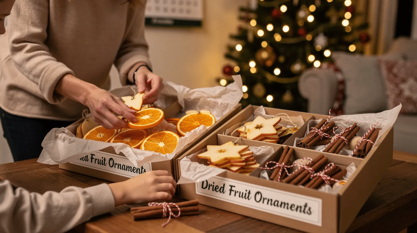 The image depicts a collection of beautifully arranged dried fruit ornaments, including vibrant orange and lime slices, cinnamon sticks, and pine cones, all ready for storage. These natural ornaments, perfect for holiday decor, showcase the charm of dried citrus fruits that can be reused for multiple Christmas seasons.
