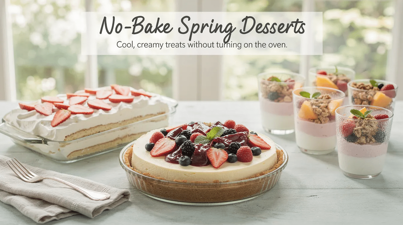 A colorful assortment of no-bake spring desserts is displayed, featuring creamy no-bake cheesecakes topped with fresh berries, light parfaits layered with whipped cream and lemon curd, and a delightful lemon meringue pie. These delicious treats are perfect for warm weather gatherings, offering a refreshing taste without the need for baking.