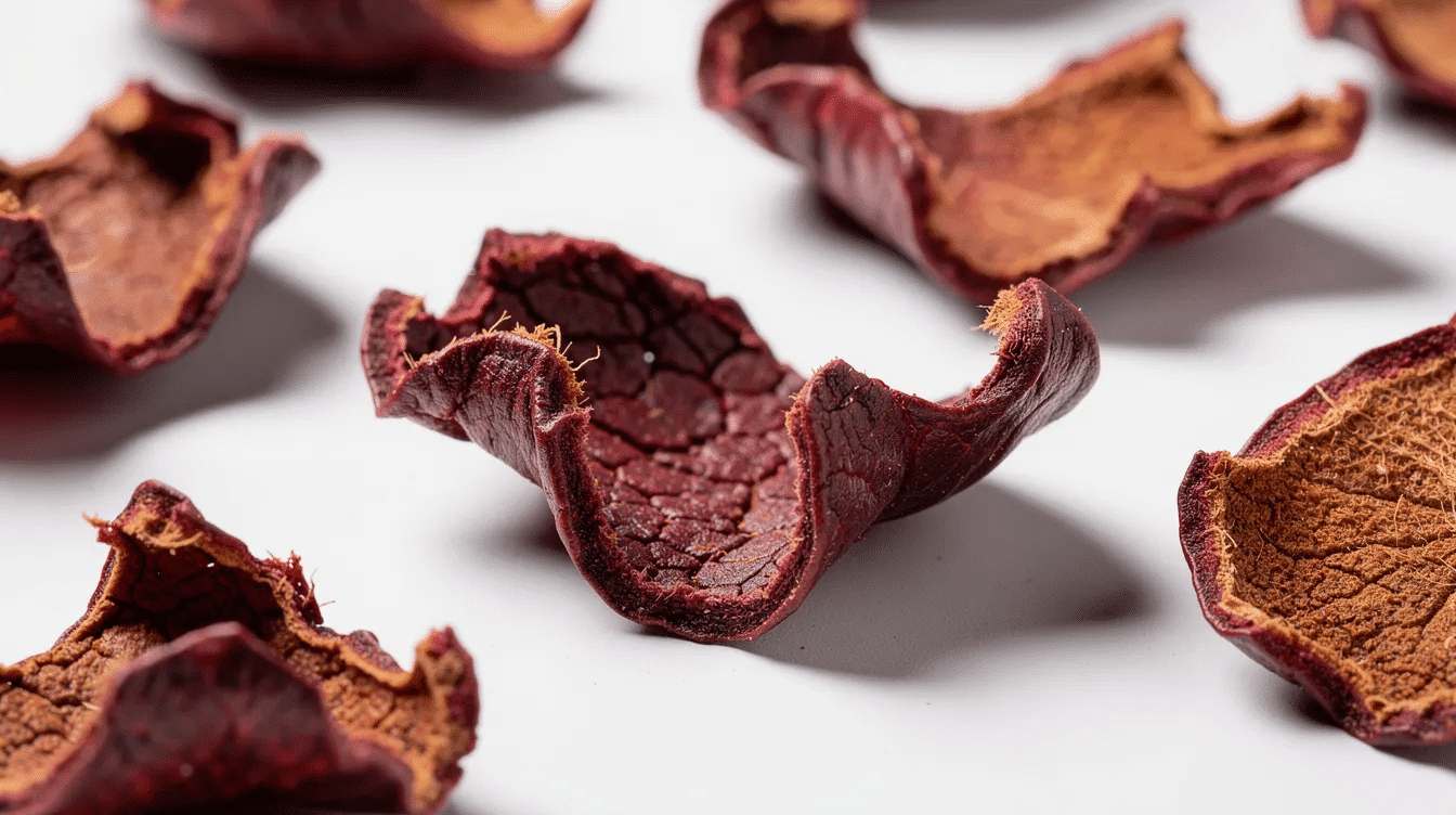 The image shows dried pomegranate peels, which are transformed into a fine powder, ready for use in recipes or skincare treatments. This vibrant, reddish-brown powder is rich in antioxidants and can be stored in an airtight container to preserve its benefits and flavor.