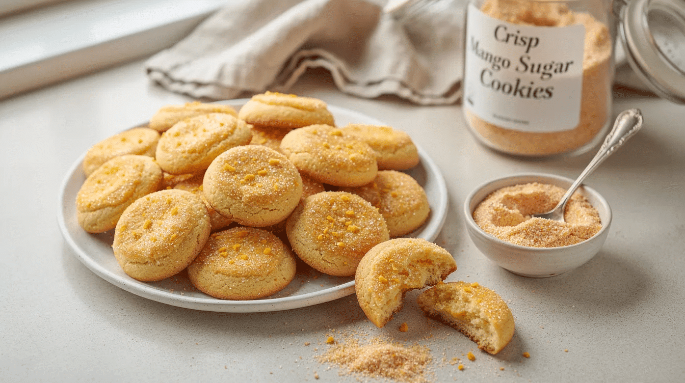 The image shows a tray of freshly baked crisp mango sugar cookies, each with a golden edge and a sugary, citrusy crust made from a mixture of freeze dried mango powder and sugar. The cookies have a soft center and are arranged neatly, highlighting their delicious tropical flavor, perfect for a sweet treat or dessert.